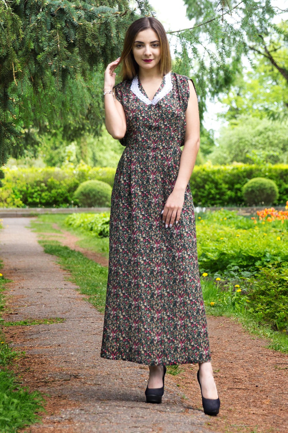 Платье женское "Бабочка" штапель модель 333/3 зеленые цветочки