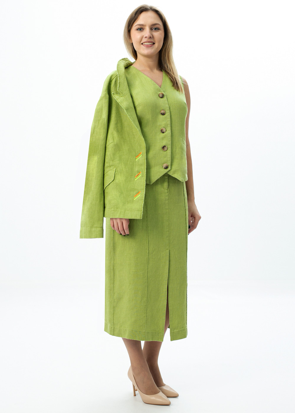 Юбка женская льняная с разрезами модель 221 зеленое яблоко