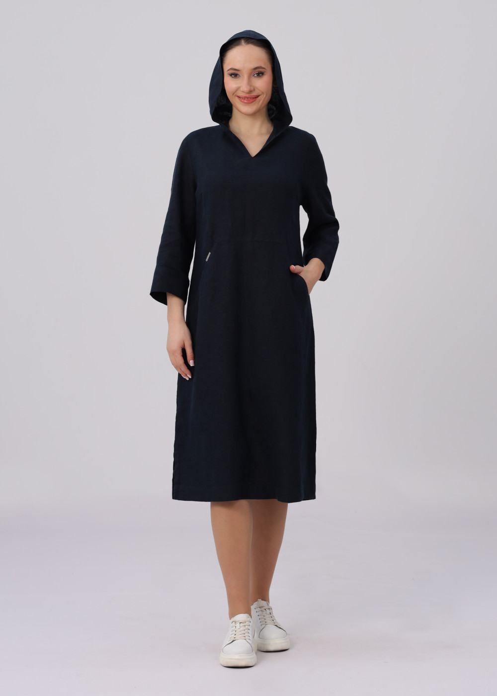 Платье женское льняное "С капюшоном" модель 426/3 лен темно-синий
