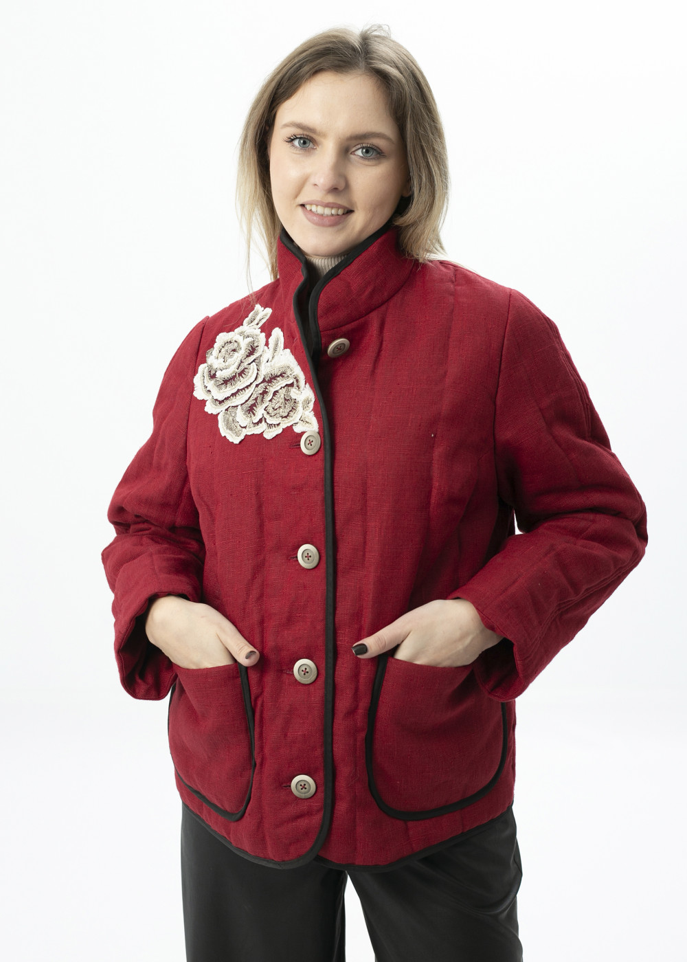 Жакет Стеганый на синтепоне с декором модель 716 лен клюква