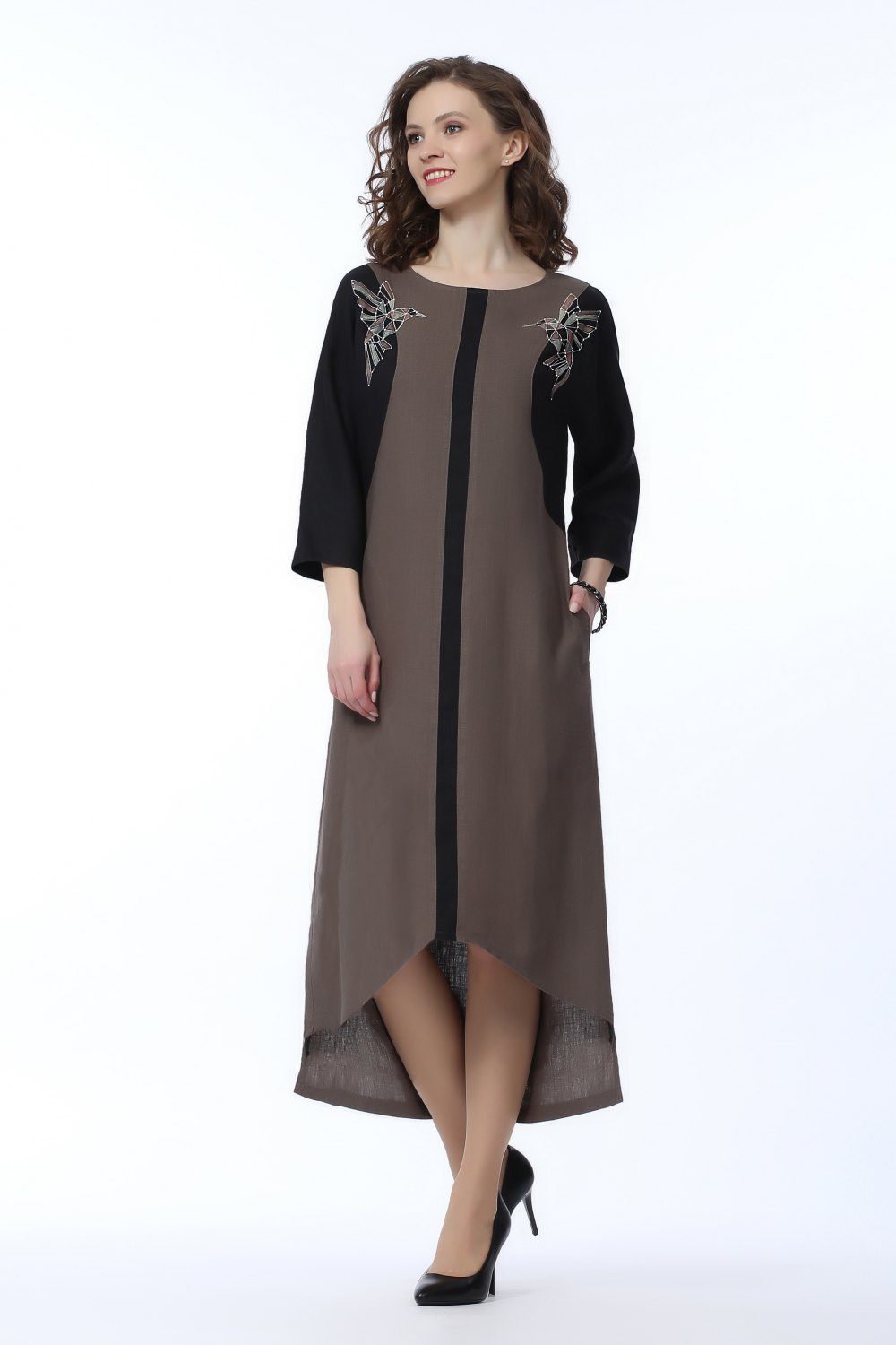 Платье женское "Ивет" с асимметричным низом модель 319/1 серо-коричневое