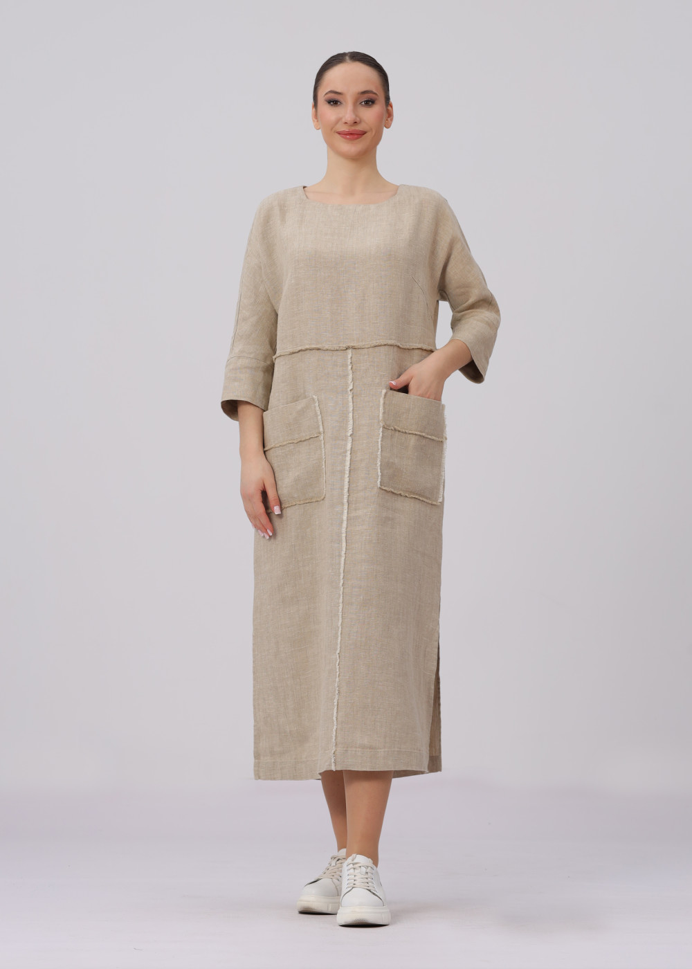 Платье женское льняное "С бахромой" модель 420 светлый натуральный лен