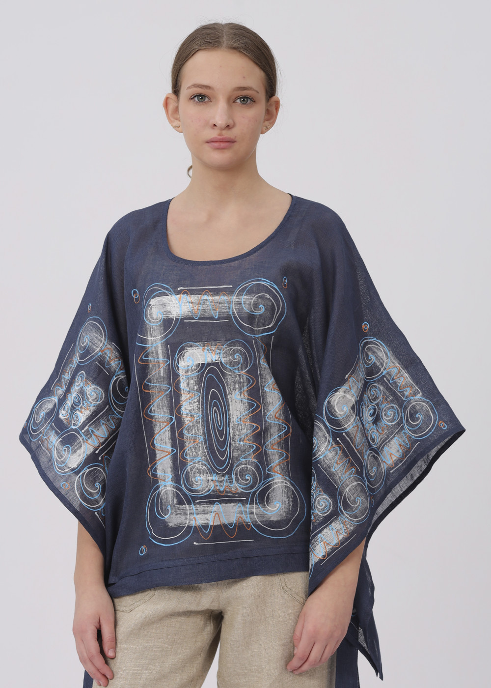 Блузка женская льняная "Завязки" модель 104/1 джинс