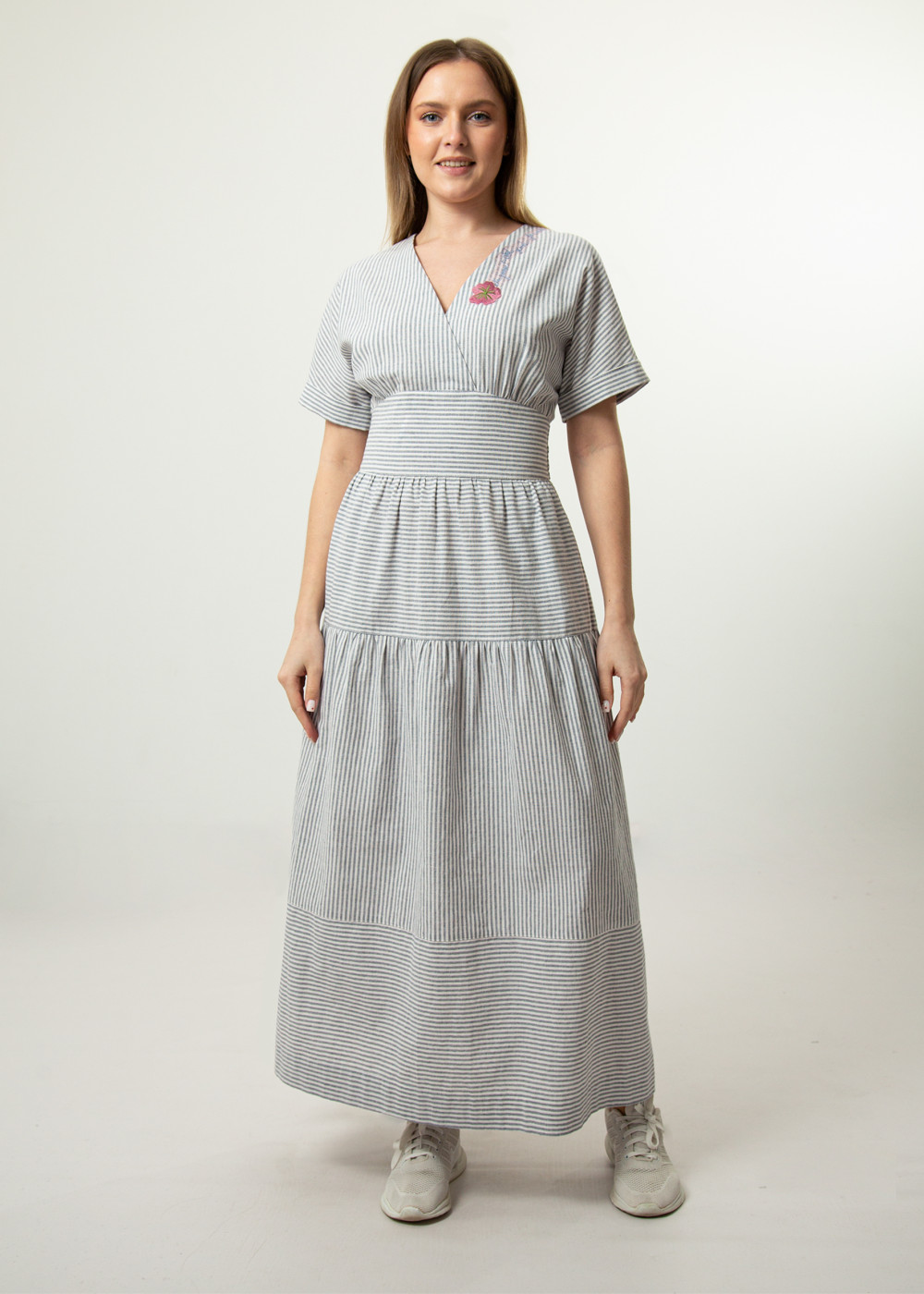 Платье женское Полоска серая модель 423 лен с хлопком