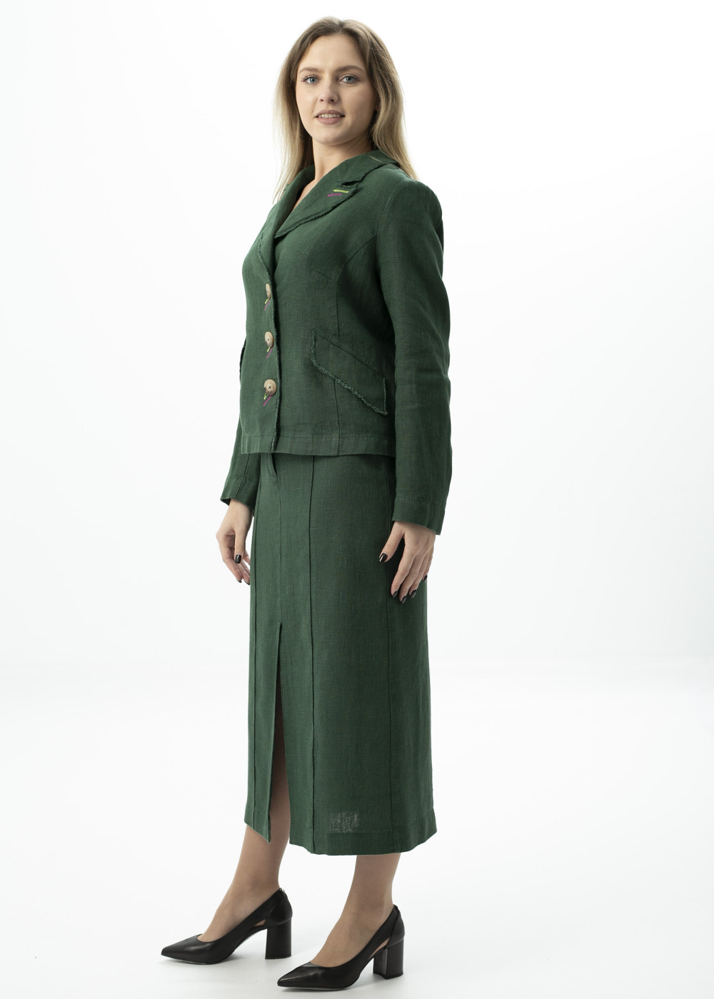 Юбка женская льняная с разрезами модель 221 лесной зеленый