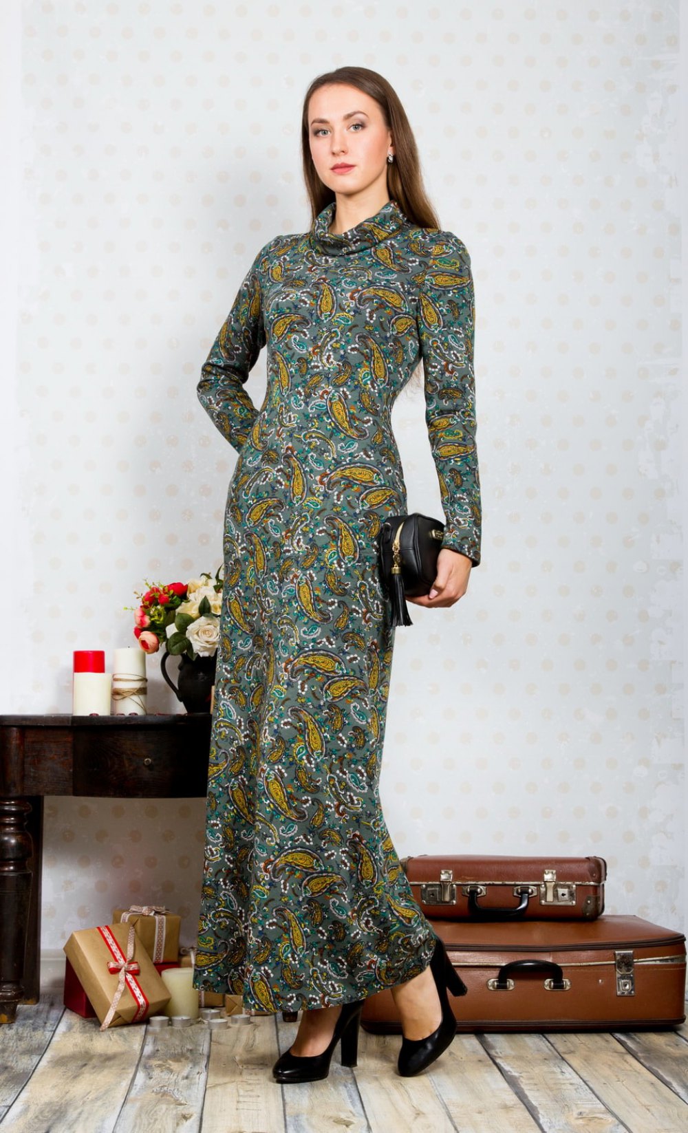 Платье женское "Элегант" меховый длинный модель 685ДЛ/1 океан огурчик