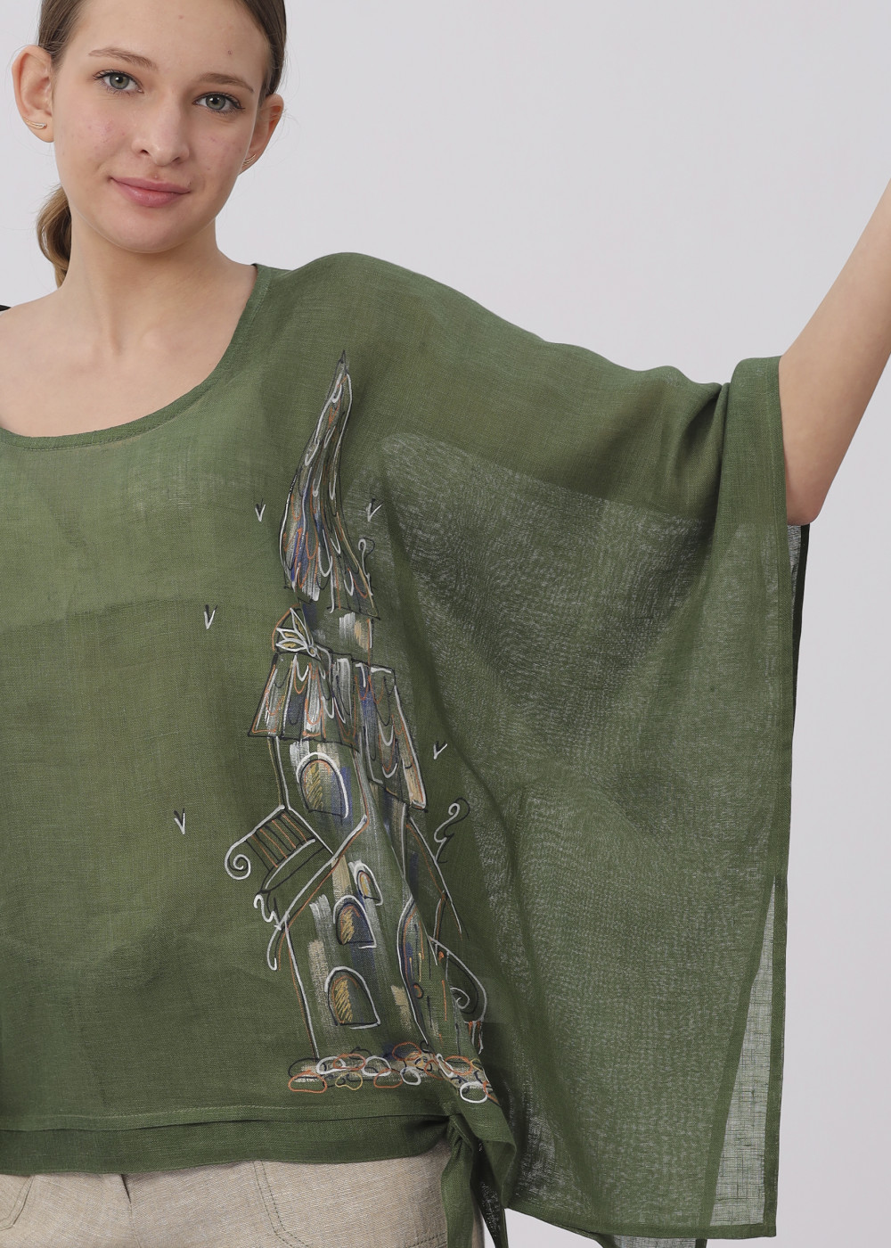 Блузка женская льняная "Завязки" модель 104/11 еловый