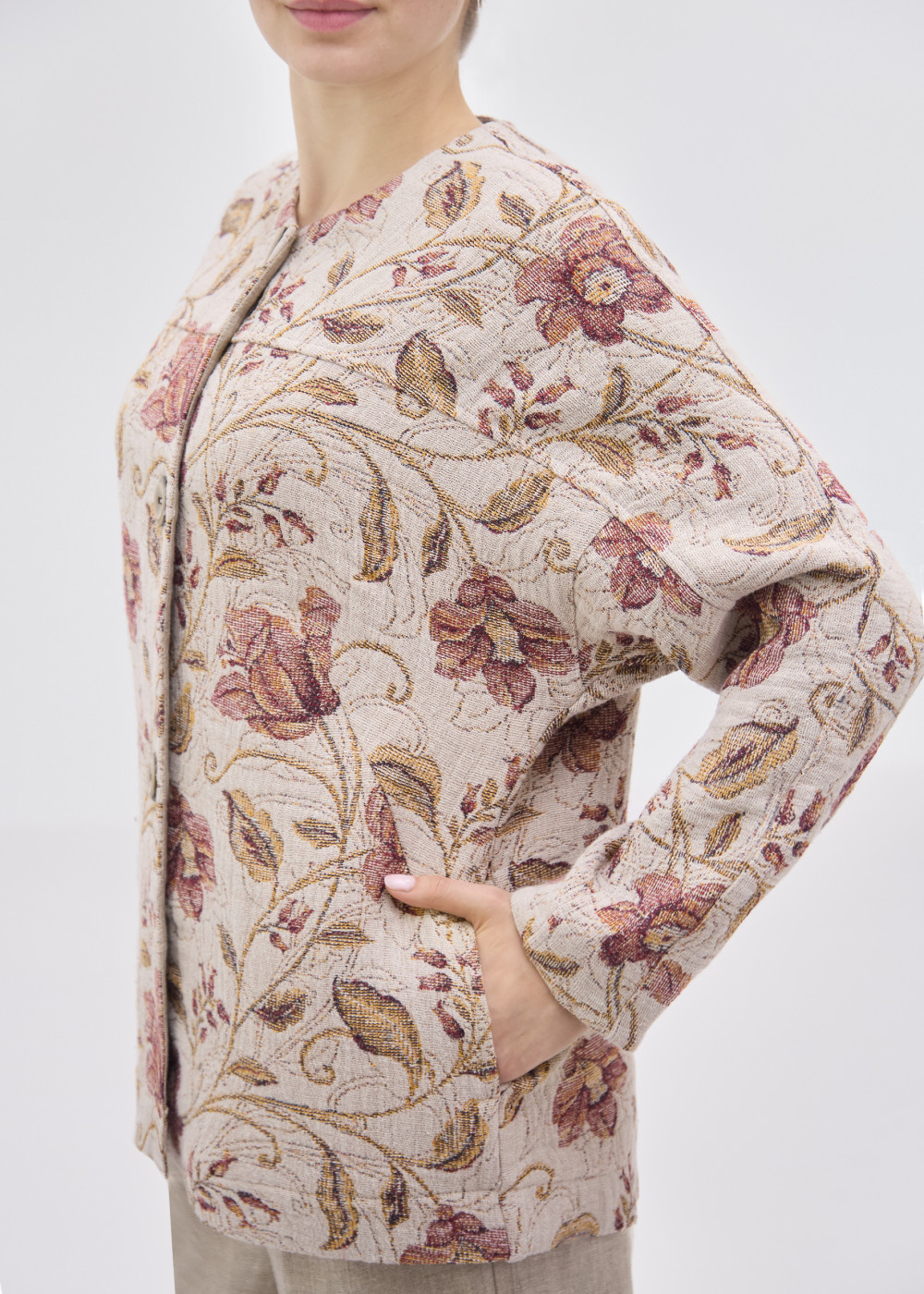 Жакет женский льняной "Коричневые цветы" модель 709лх