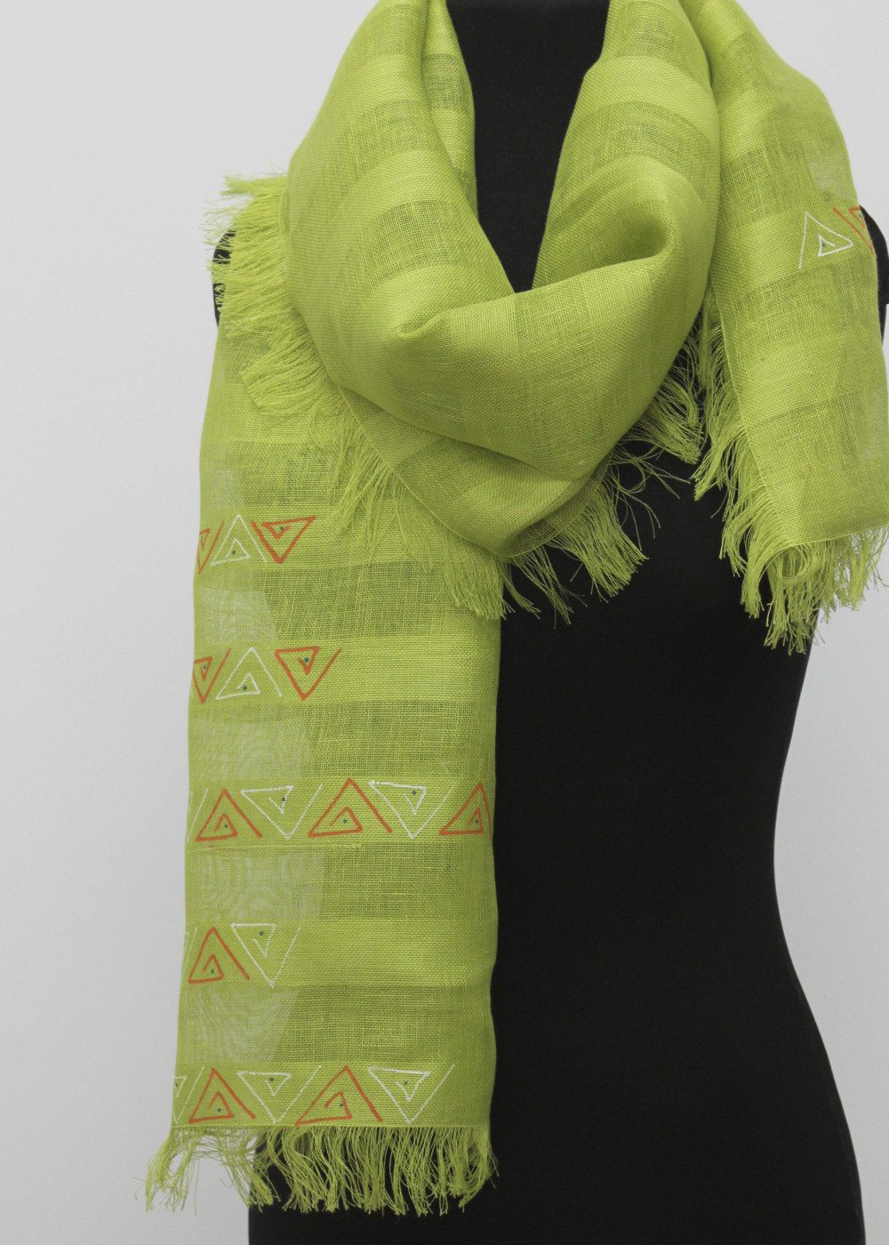 Шарф женский льняной "Полоска" с бахромой модель 925 зеленое яблоко