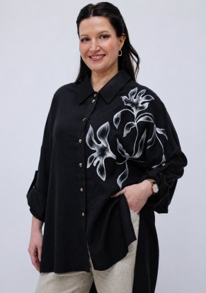 Блузка женская черная "Классика" роспись цветы модель 102р