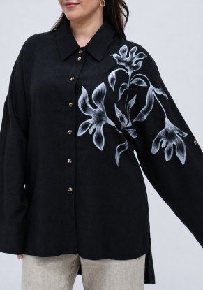 Блузка женская черная "Классика" роспись цветы модель 102р