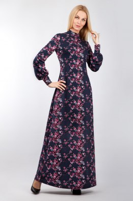 Платье женское "Полянка без пуговиц" длинная модель 769/1 розы на синем