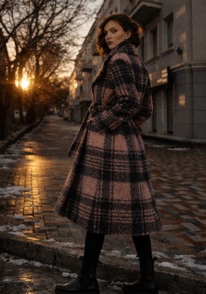 Пальто женское "Розовая клетка" модель 048/1