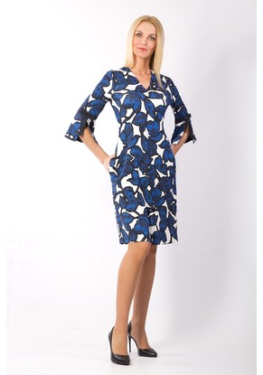 Платье женское "Миледи" модель 689 синие листья на белом
