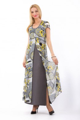 Платье женское "Батист" двуслойное модель 330 серо-желтые цветы