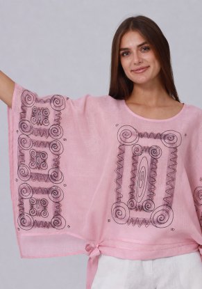 Блузка женская льняная розовая "Завязки" модель 104