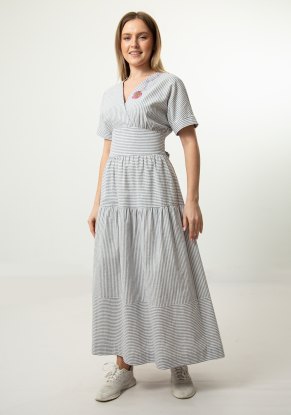 Платье женское Полоска серая модель 423 лен с хлопком