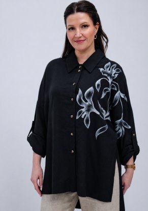 Блузка женская черная "Классика" роспись цветы модель 102р