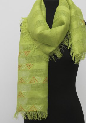 Шарф женский льняной "Полоска" с бахромой модель 925 зеленое яблоко
